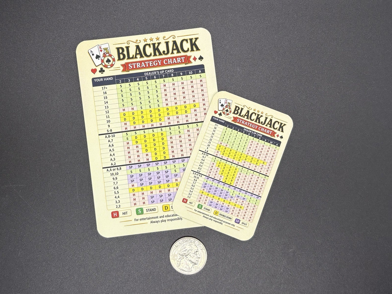 2 PACK Blackjack Basic Strategy Cards Wallet Size & Large Easy Read Casino Guide
