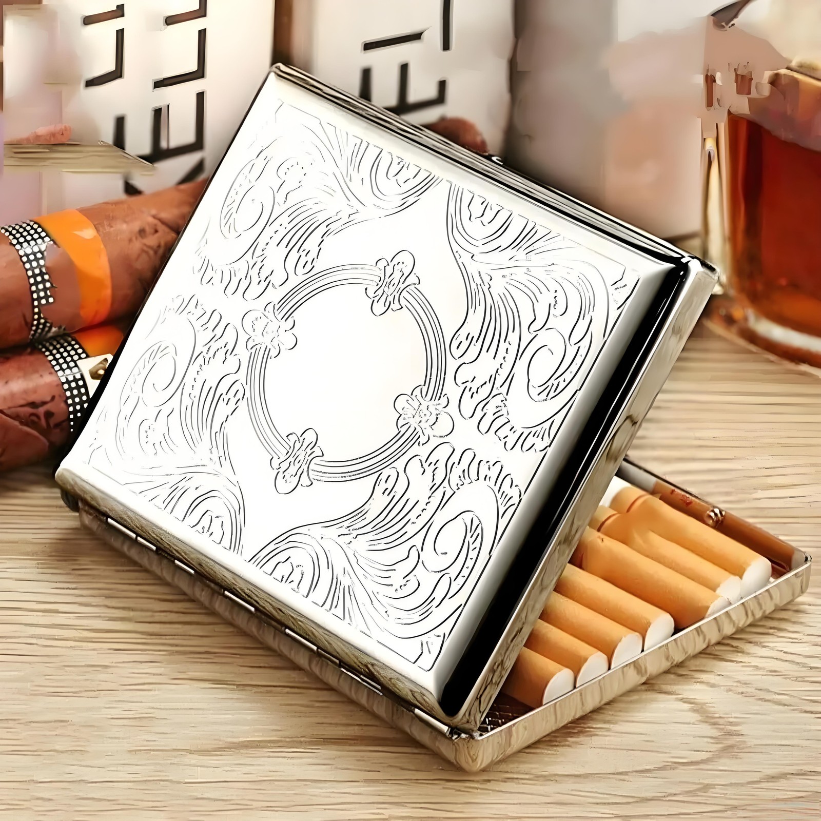 NEW Victorian Style Cigarette Metal Case Double Sided King Etched Pattern USA