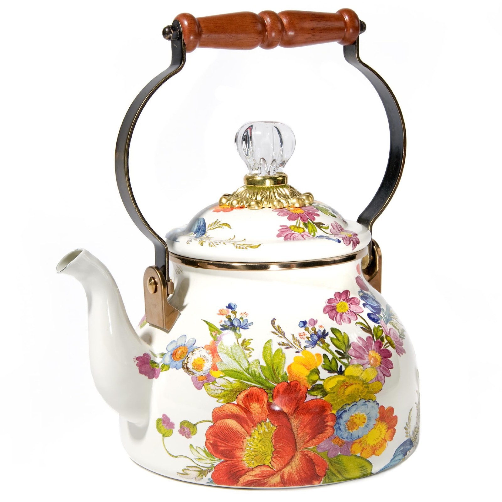 2 Quart Floral Tea Kettle - Elegant White Flower Design, Stovetop Whistling Teap