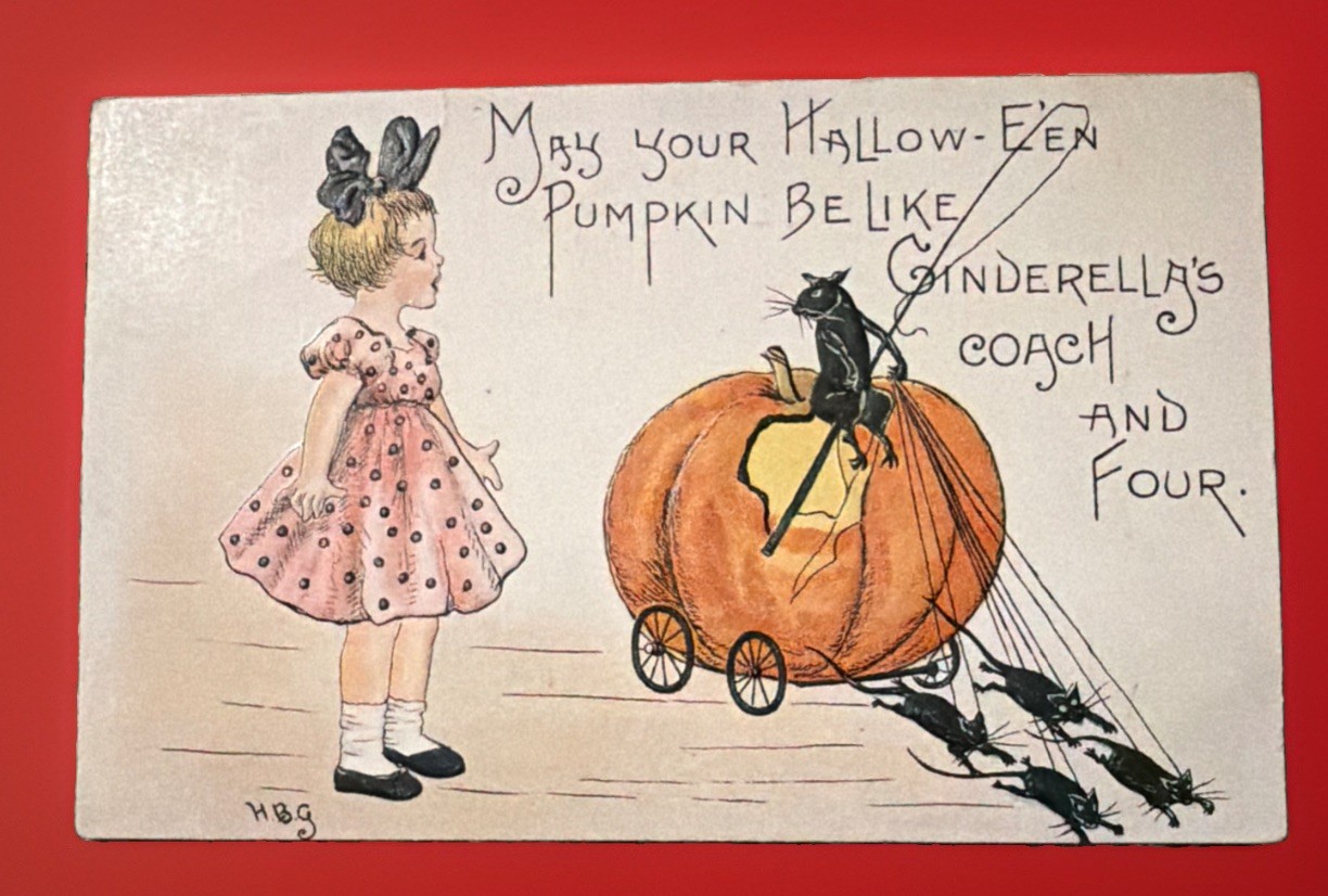 Vintage H. B. Griggs Halloween Postcard, Cinderella Pumpkin Coach Black Cats L&E