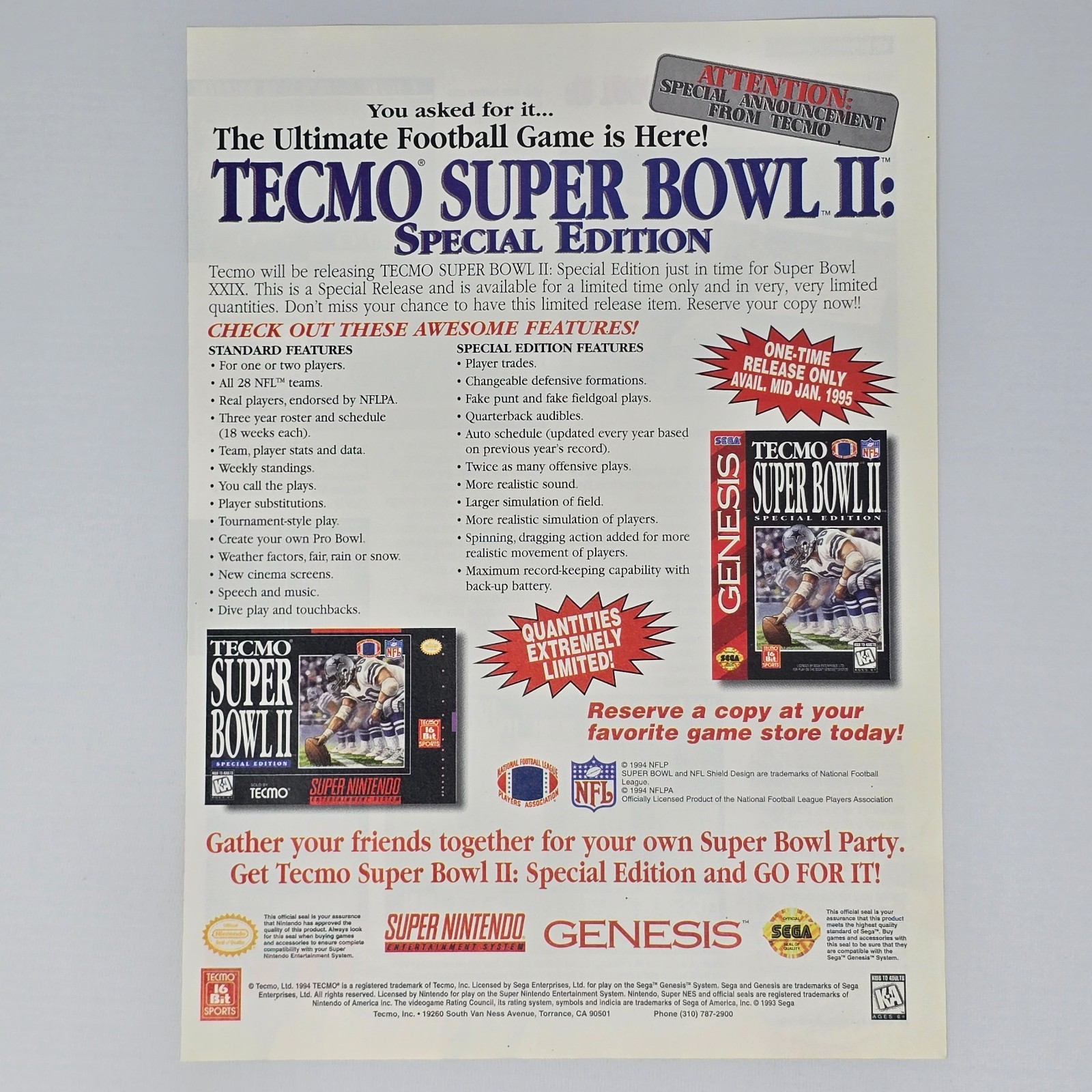 Tecmo Super Bowl 2 Super Nintendo SNES Sega Genesis Ultimate Print Ad/Poster