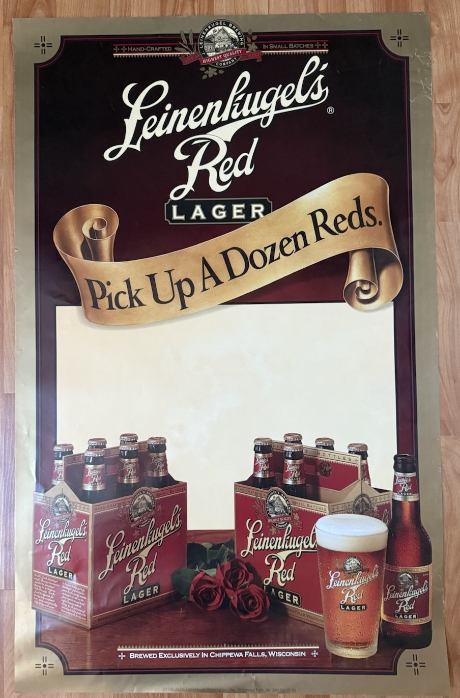 Vintage Leinenkugel's Beer Poster Promo Bar Man Cave 32”x20” Gold Advertising