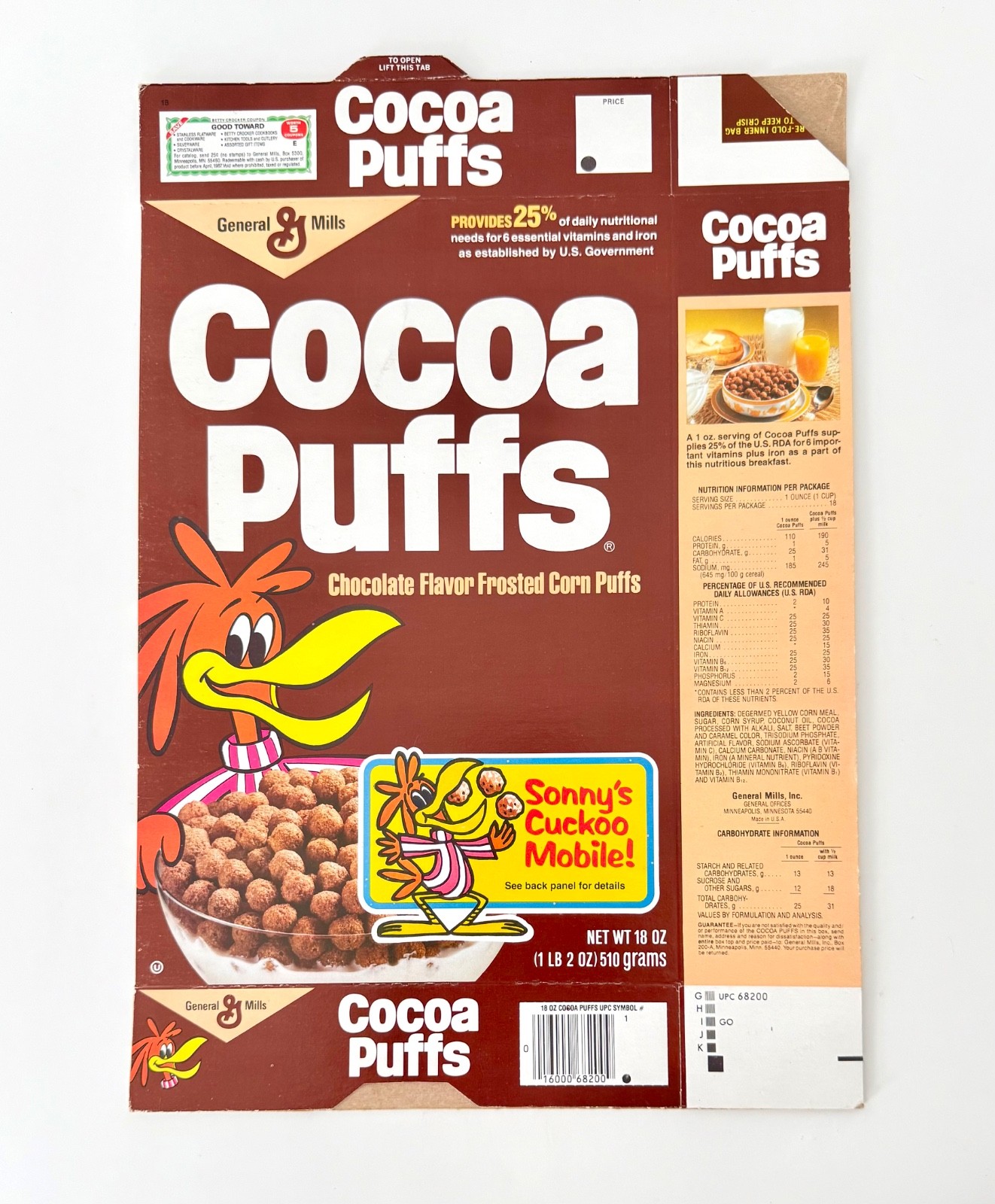 Vintage 1983 General Mills Cocoa Puffs Cereal Box Sonny Cuckoo Mobile Cut-out
