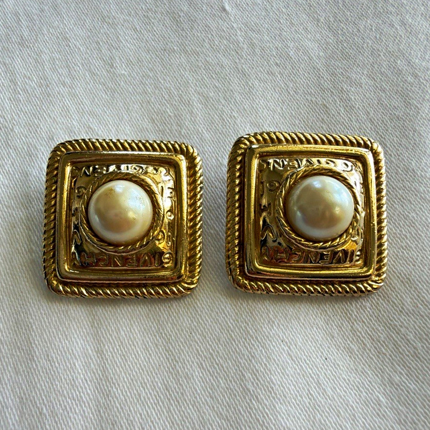 Vintage Givenchy Signed Clip-On Square Stud Earrings Gold Tone Round Faux Pearl