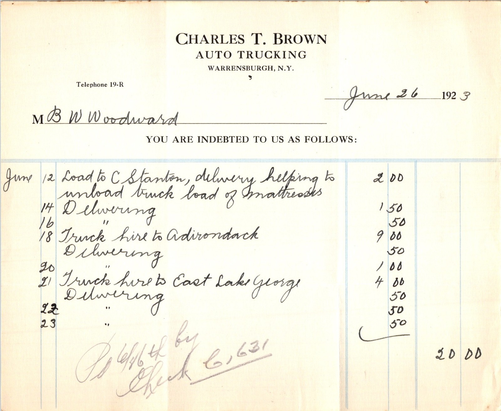 1923 Charles T. Brown Trucking Invoice Warrensburgh NY Blue Ledger Lines