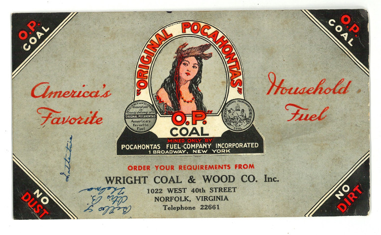 Vintage - O.P. Coal Wright Coal & Wood, Norfolk, VA Advertising Card