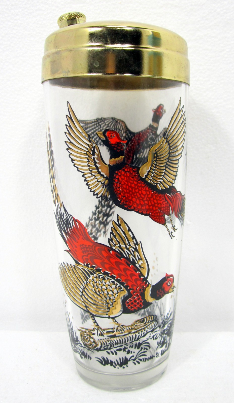 Vintage MCM Hazel-Atlas Golden Pheasant Cocktail Shaker with Gold Lid