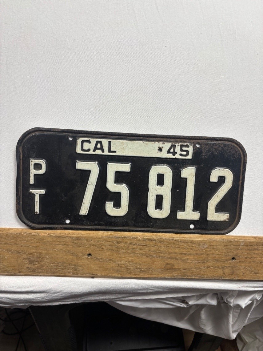 Vintage 1945 California License Plate PT 75 812 Black White YOM