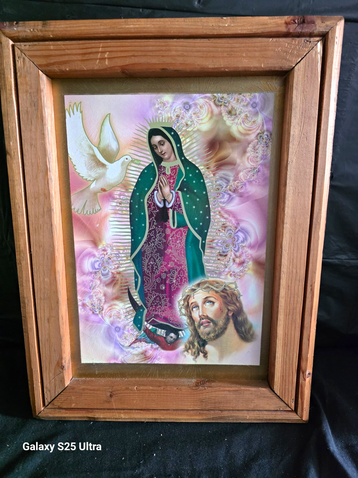 Vintage 3D Lenticular Our Lady of Guadalupe Jesus Framed Art 22x17 Wall Icon 5lb