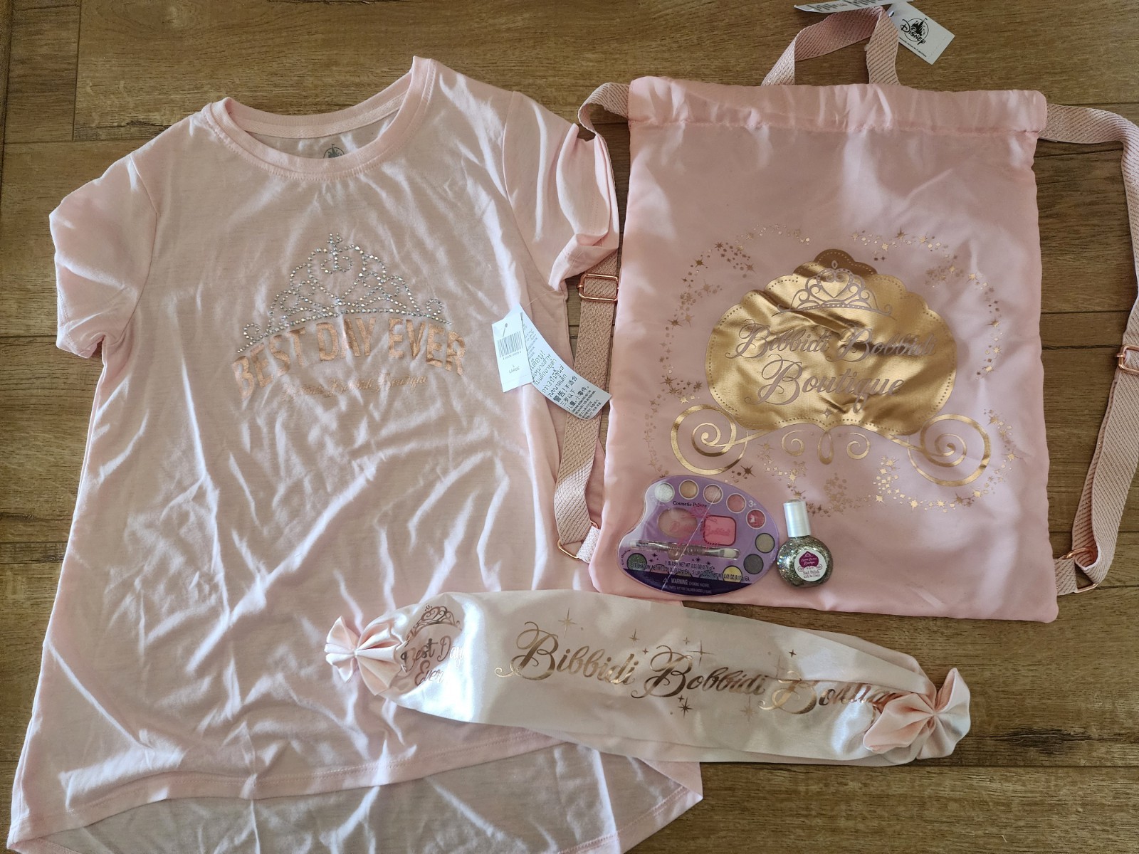 NEW Disneyland LOT 6 Bibbidi Bobbidi Boutique Backpack/Shirt/Makeup/Ribbon/Tiara