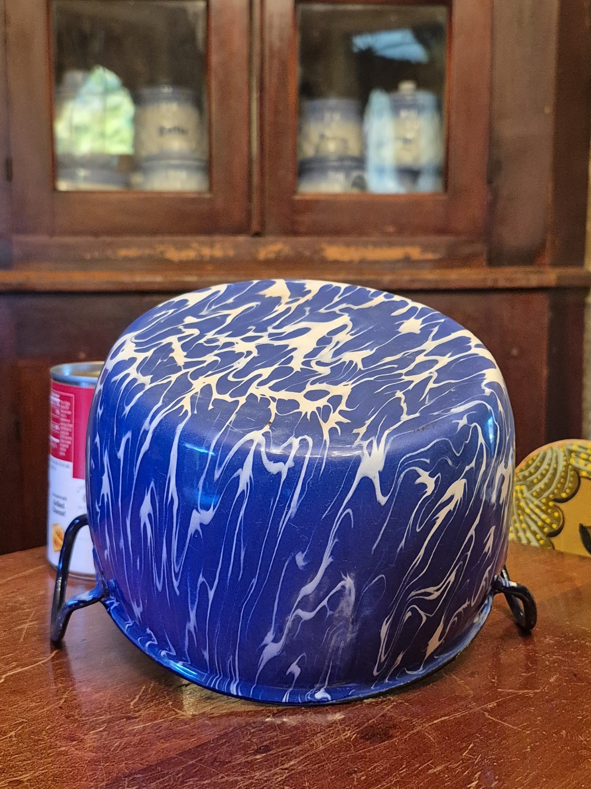 Antique COBALT Blue & White SWIRL Graniteware Double-Handled KETTLE Enamelware