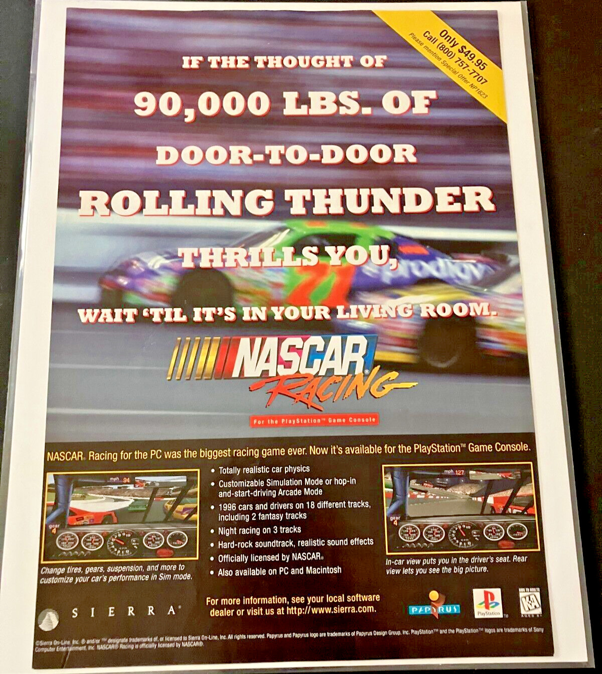 NASCAR Racing by Sierra - Vintage Gaming Print Ad / Sim Racing Wall Art - MINT