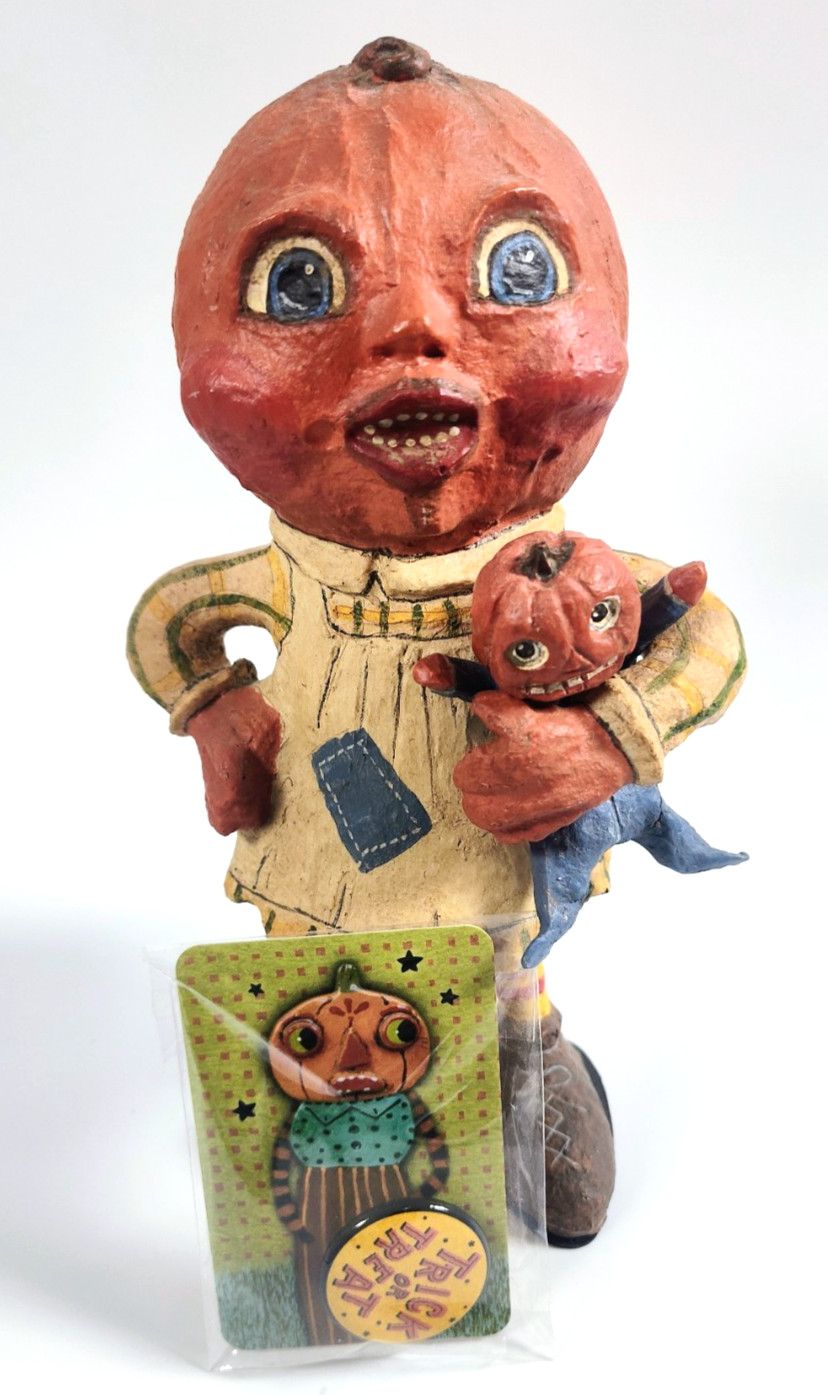 SIGNED Poliwoggs Folk Art Halloween Pumpkinhead Girl w/ Doll Figure 8.5