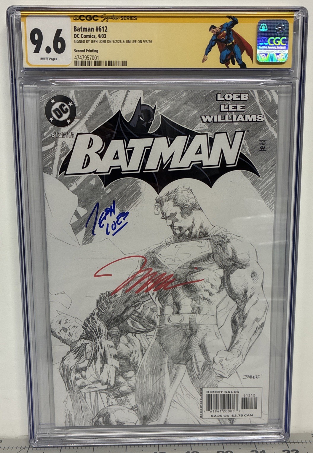 Batman #612 B/W 2nd print CGC SS 9.6 NM+ 2X Signed:  Jim Lee & Jeph Loeb + Label