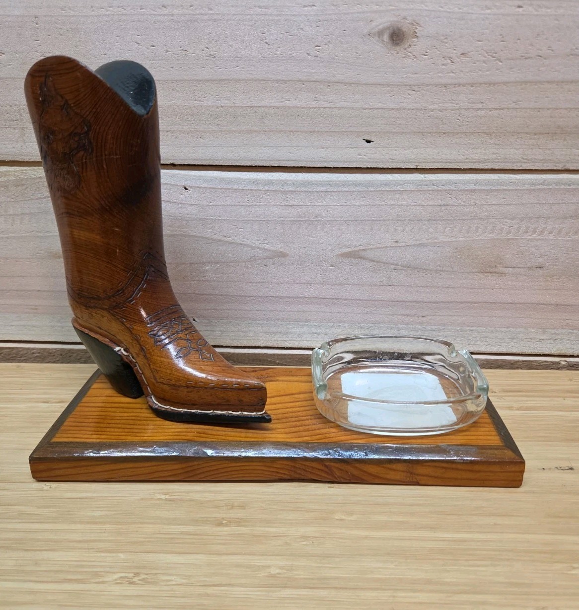 Vintage Wood Hand Carved Cowboy Boot With Ashtray Western Cowboy Decor Rare 