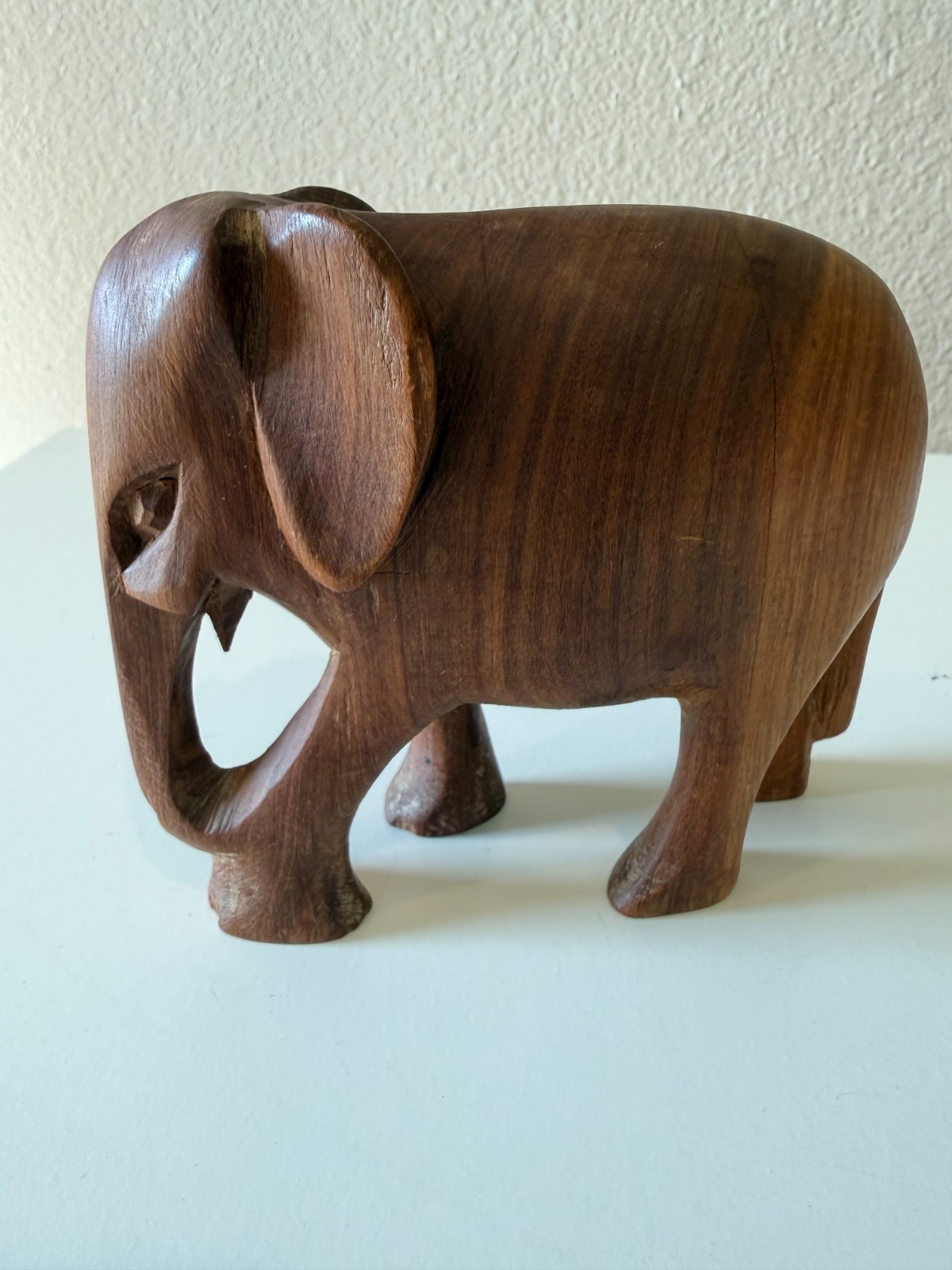 Vintage Hand Carved Wood Elephant Figurine Statue Trunk Down 5x4 Inch
