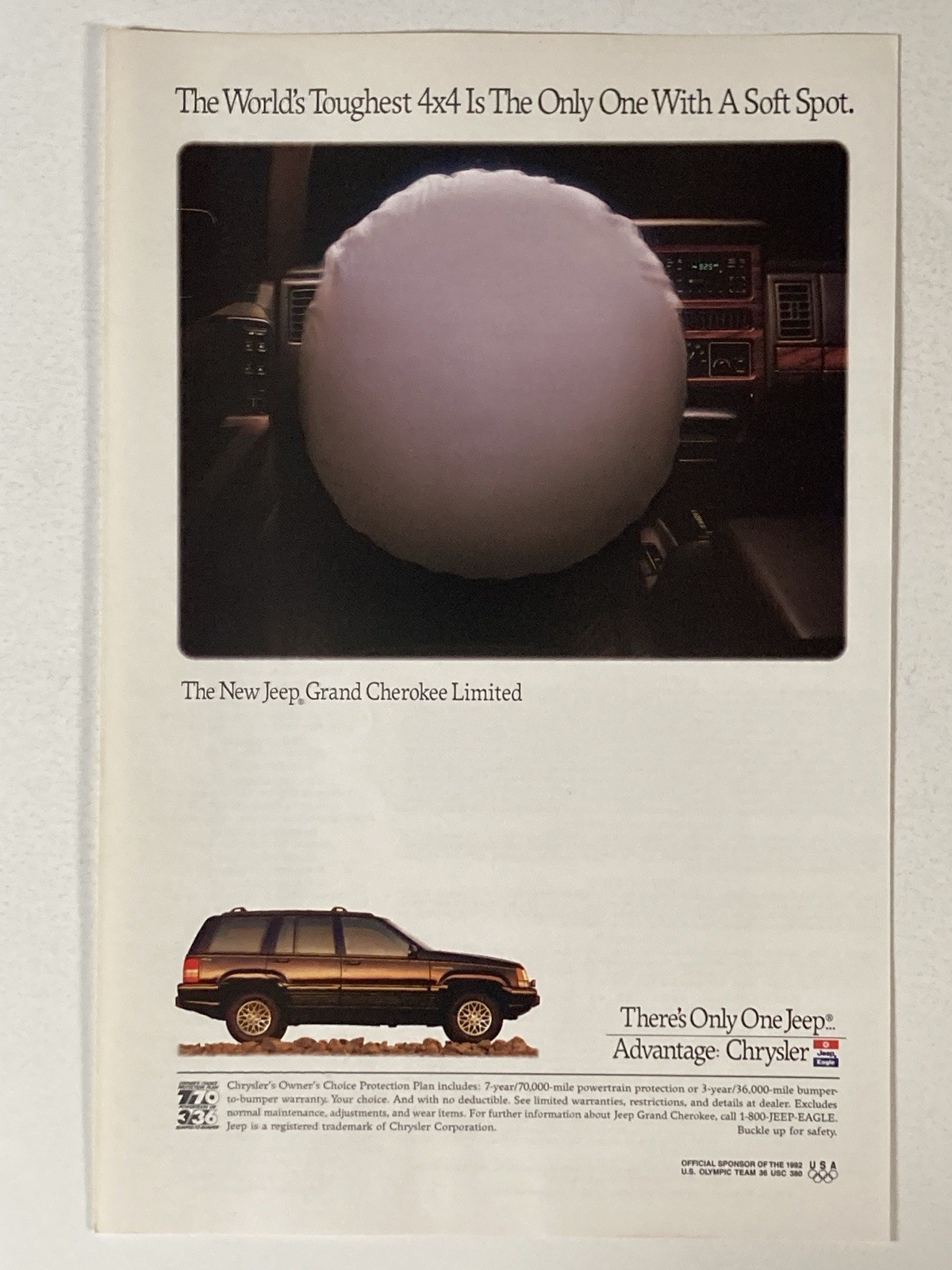 1992 Jeep Grand Cherokee Limited Print Ad 4x4 Air Bag Soft Spot Advertising
