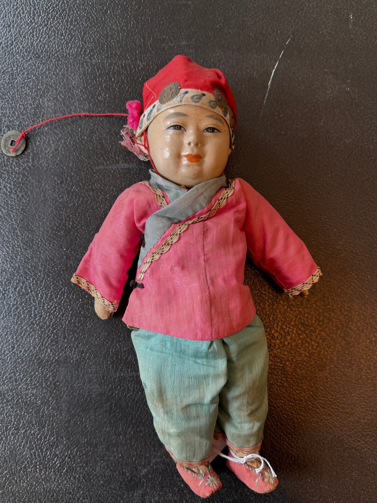 Antique Chinese Doll Composition Head Silk Costume Silver Ornaments Cash Coin