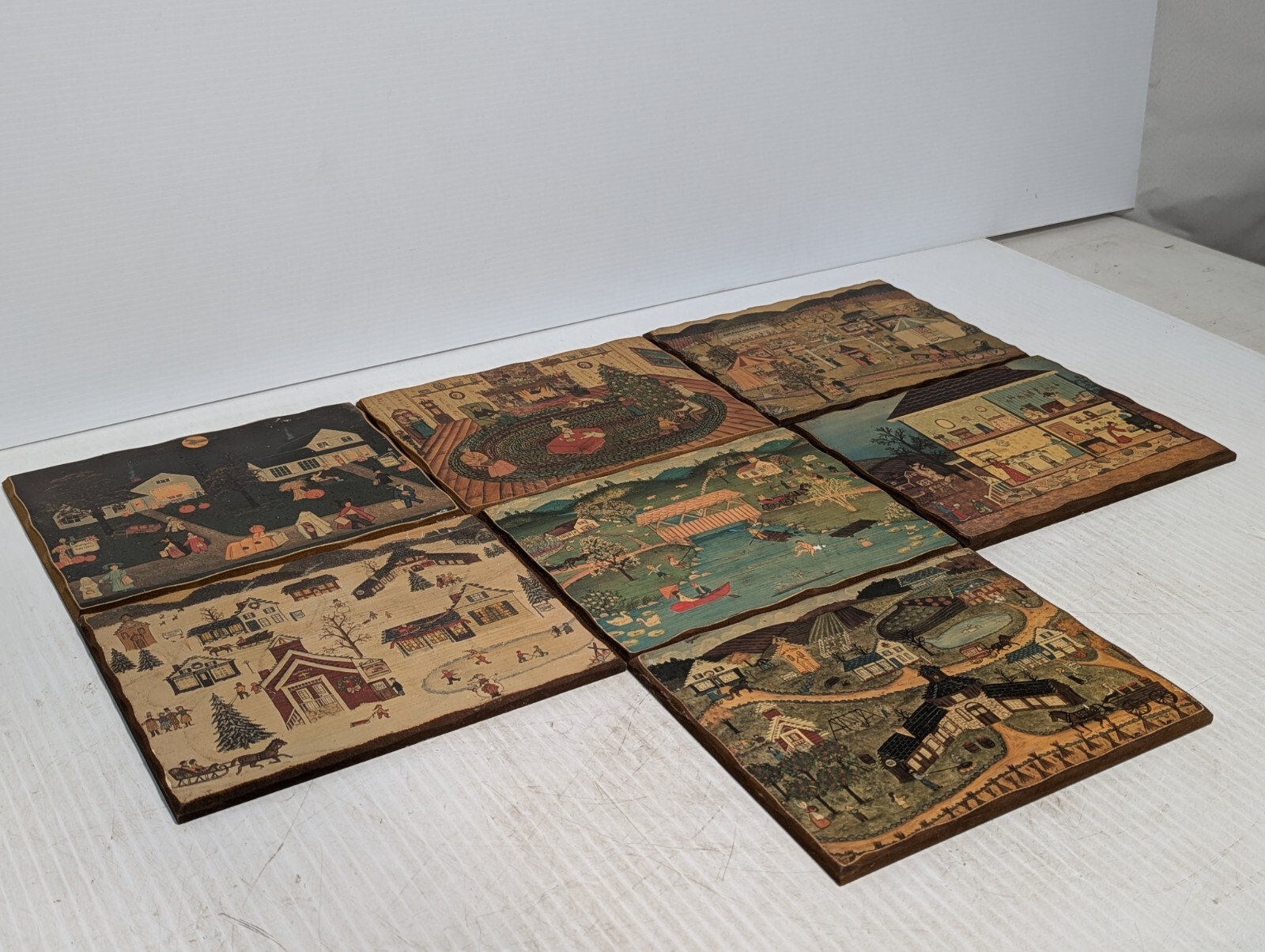 Set of 7 Early Colonial Life Pictures on Wood, Americana, 8.5\