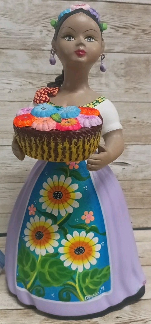 Najaco Lupita Original Mexican Folk Art Pottery Doll Daisy Basket Artist Signed