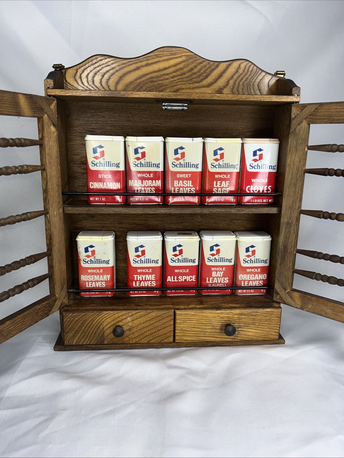 Vtg MCM Wood Spice Rack Cabinet Wall Rack Wood 10 Vintage Schilling TINS  Full