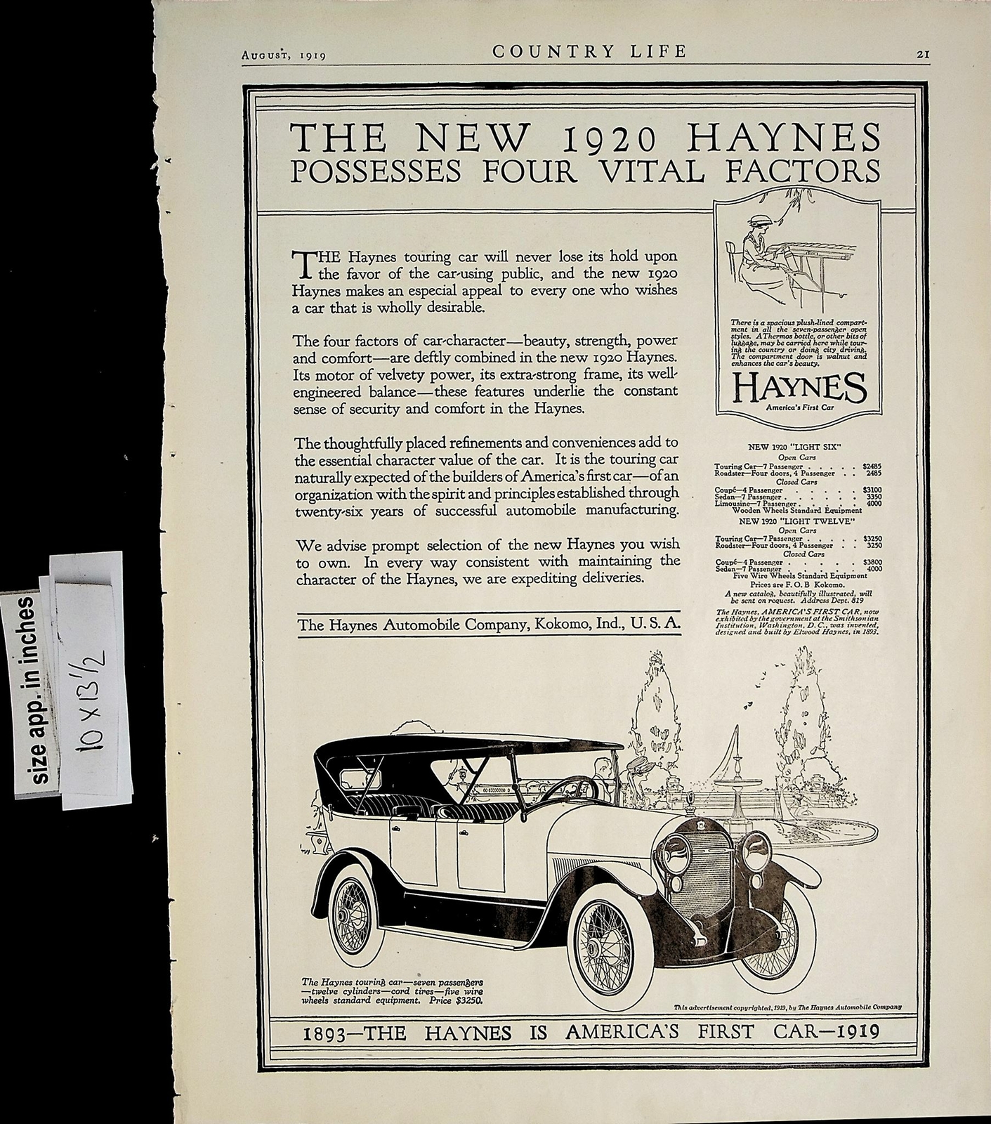 1919 1920 Haynes Vital Factors Automobile Car Vintage Print Ad 6147