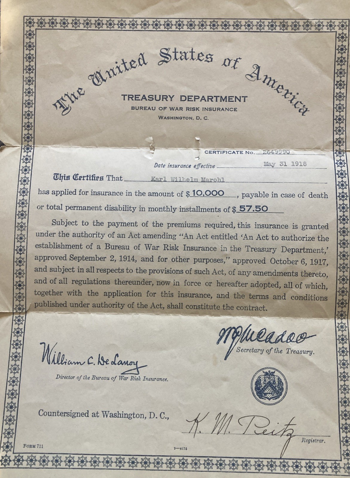 1918 Bureau Of War Risk Insurance WW1 Paper