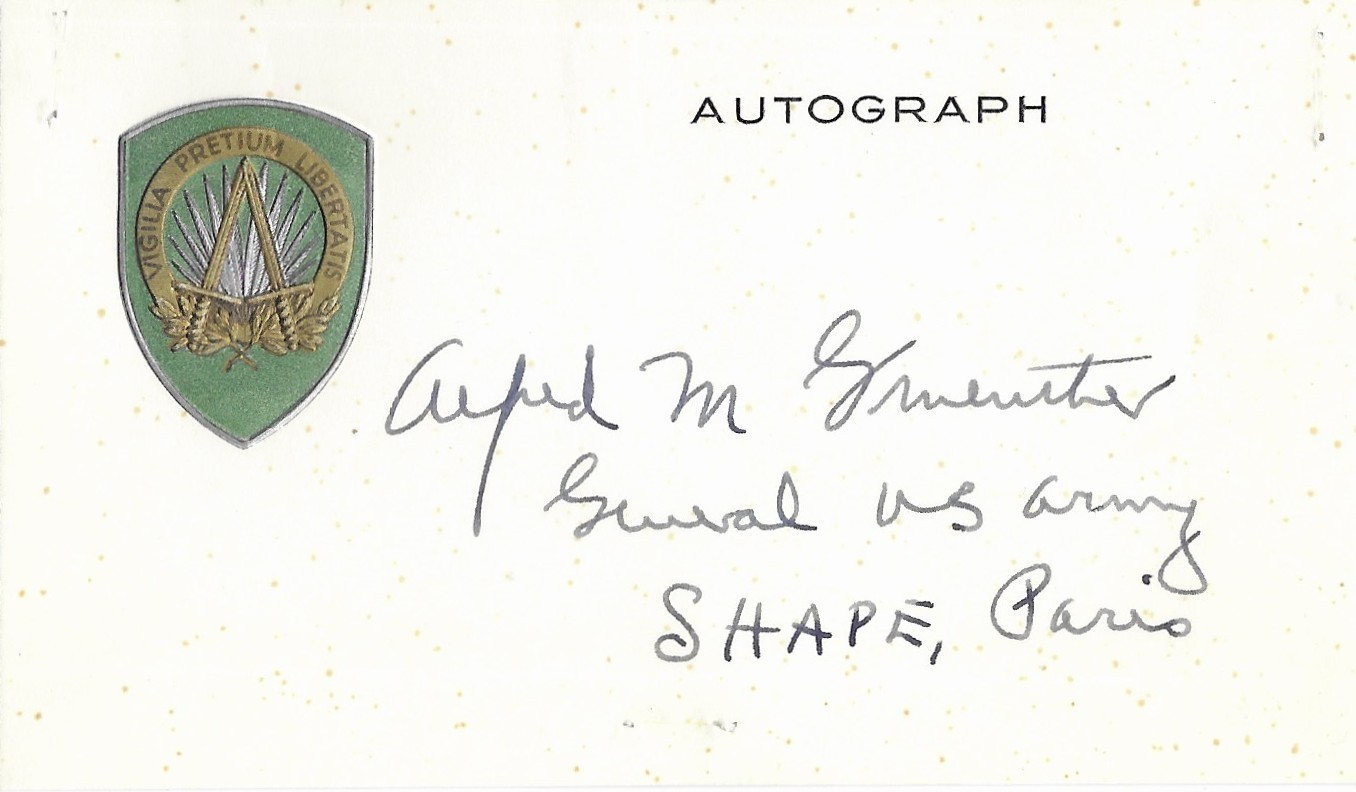 General Alfred Gruenther Army Vintage 1955 Signed Embossed NATO Card SACEUR COA