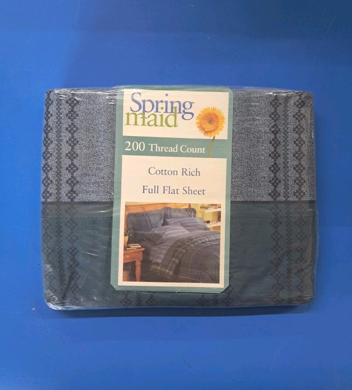 Vintage Springmaid Full Flat Sheet Blue Pattern 200TC Made in USA NOS
