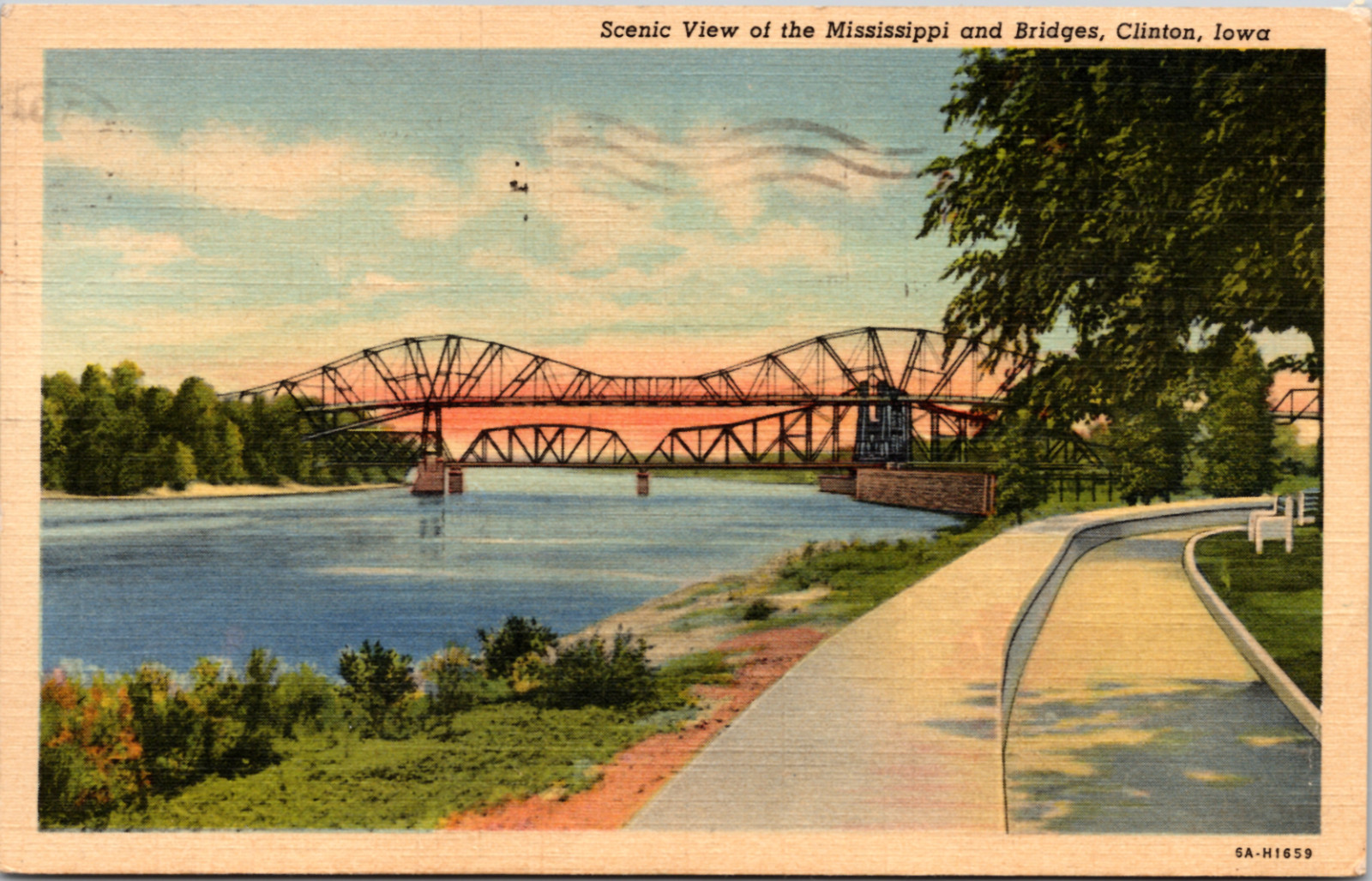 Scenis View Of The Mississippi River & Bridge, Clinton, Iowa, Vintage Psotcard