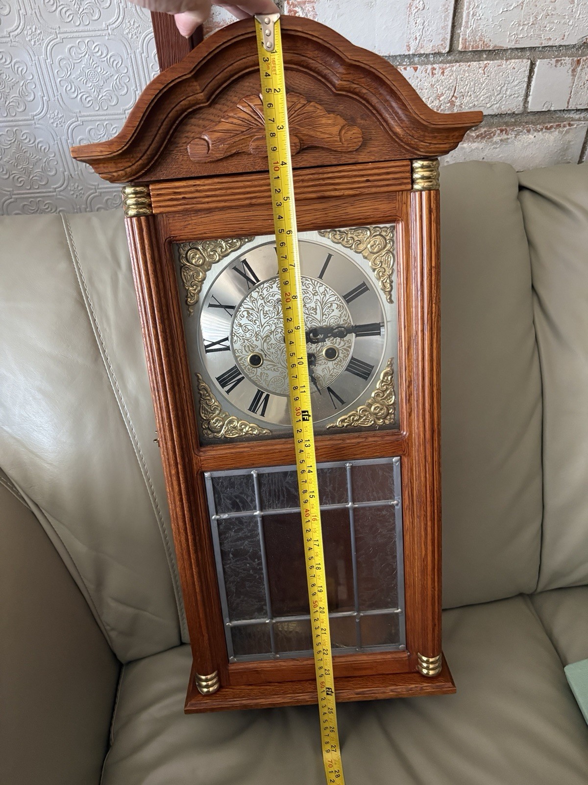 Vtg Wooden Wall Clock w/Pendulum and Key - 25 x 12 x6