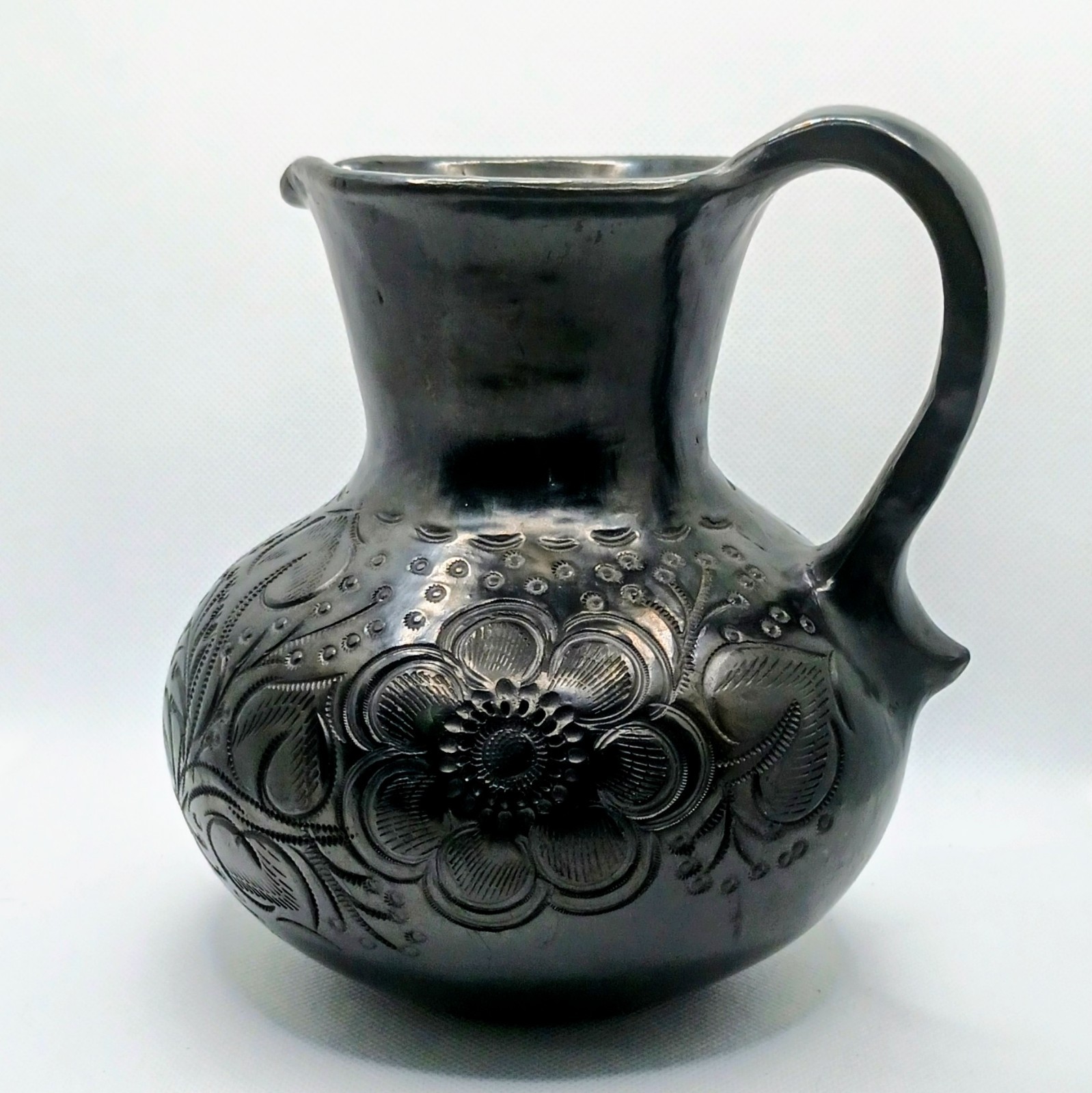 Vintage Handcrafted Oaxaca Black Clay Pottery Pitcher Mexican Folk Art Floral