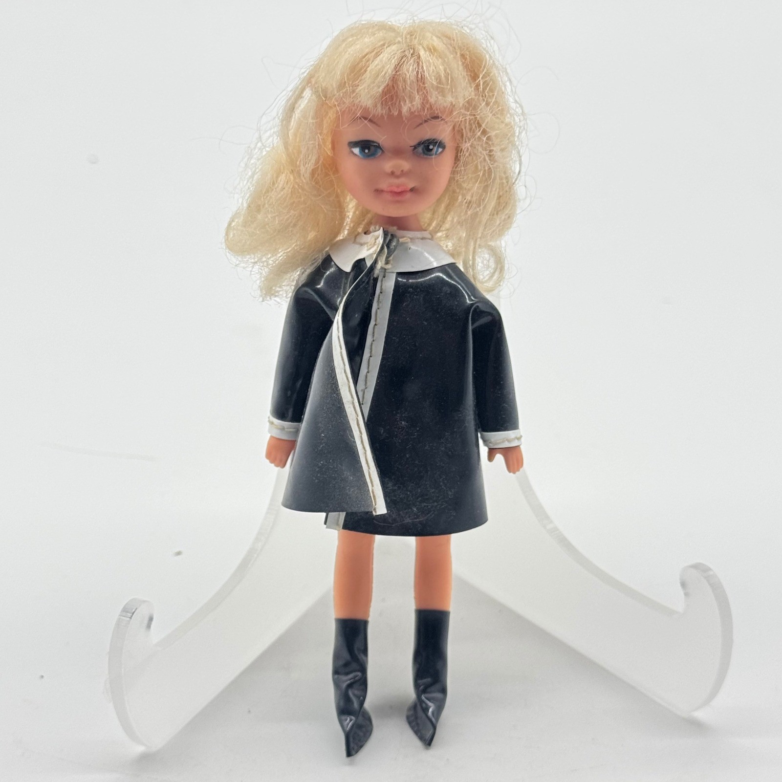 Vintage Tiny Teen Doll Blonde Mod Black Vinyl Coat Go-Go Boots 5.5 Inch