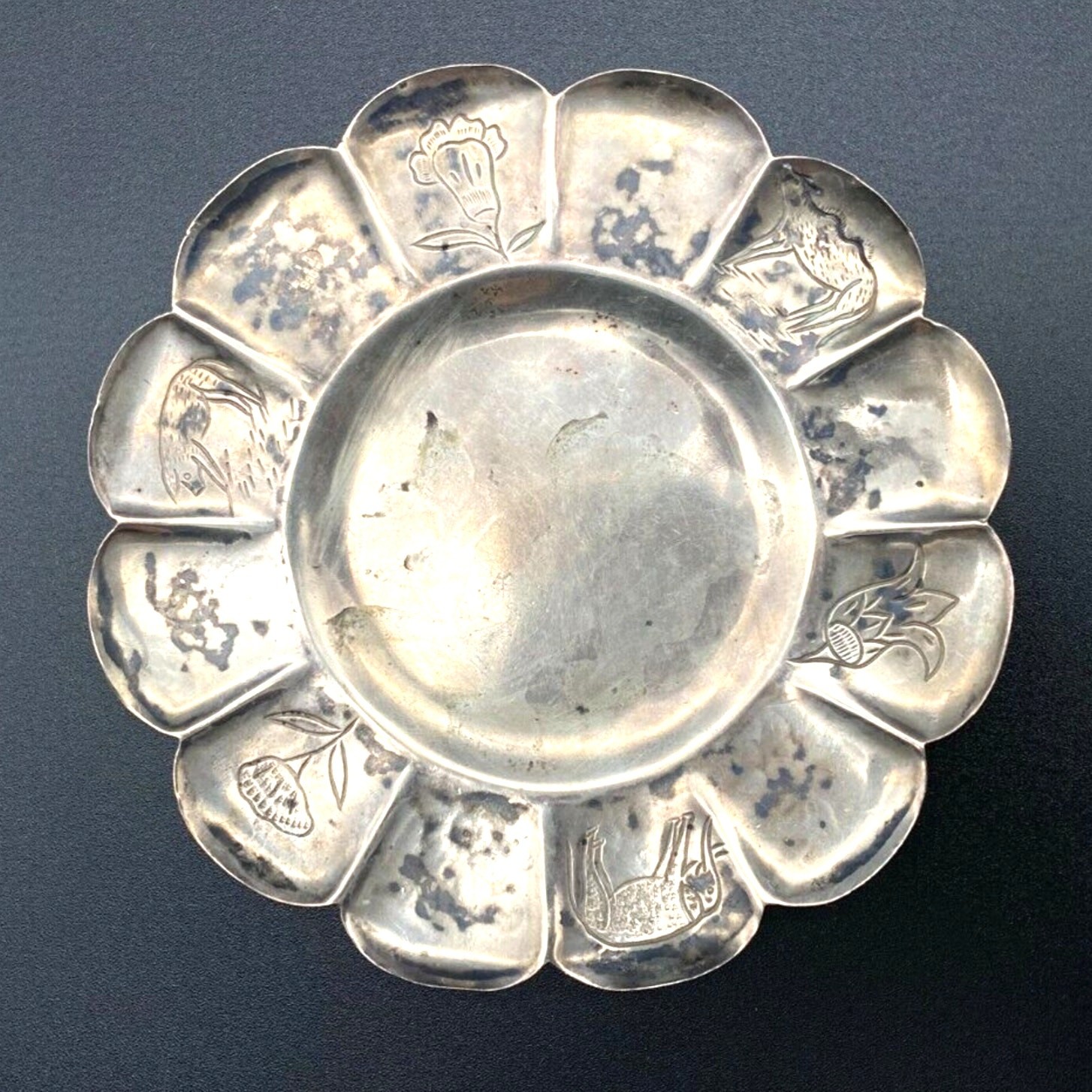 Vintage 950 Sterling Silver Elephant Cow Pig Flower Tray Plate