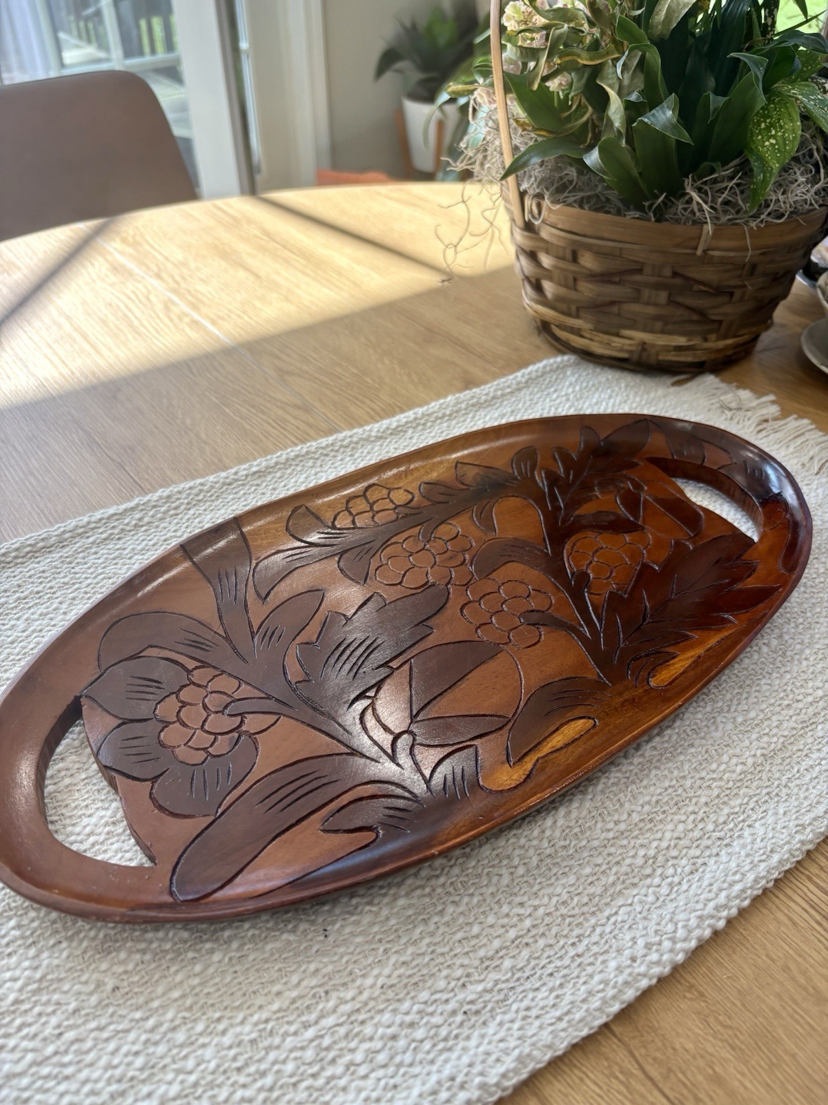 Vtg Haitian Caribbean Style Carved Wooden Platter Tray Cutout Handles Folk Art