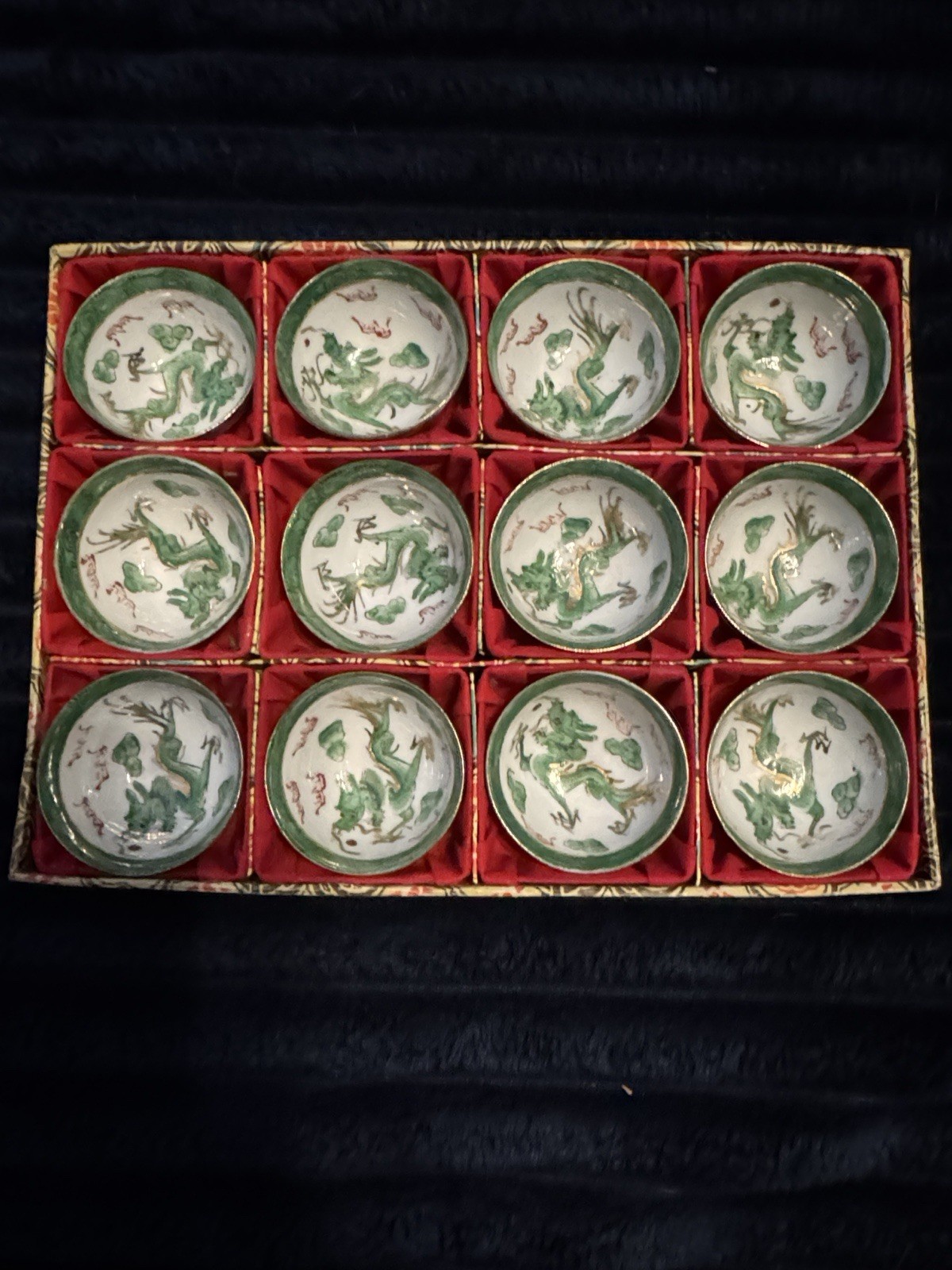 12 vintage Chinese Jingdezhen Zhi porcelain green dragon sake cups 