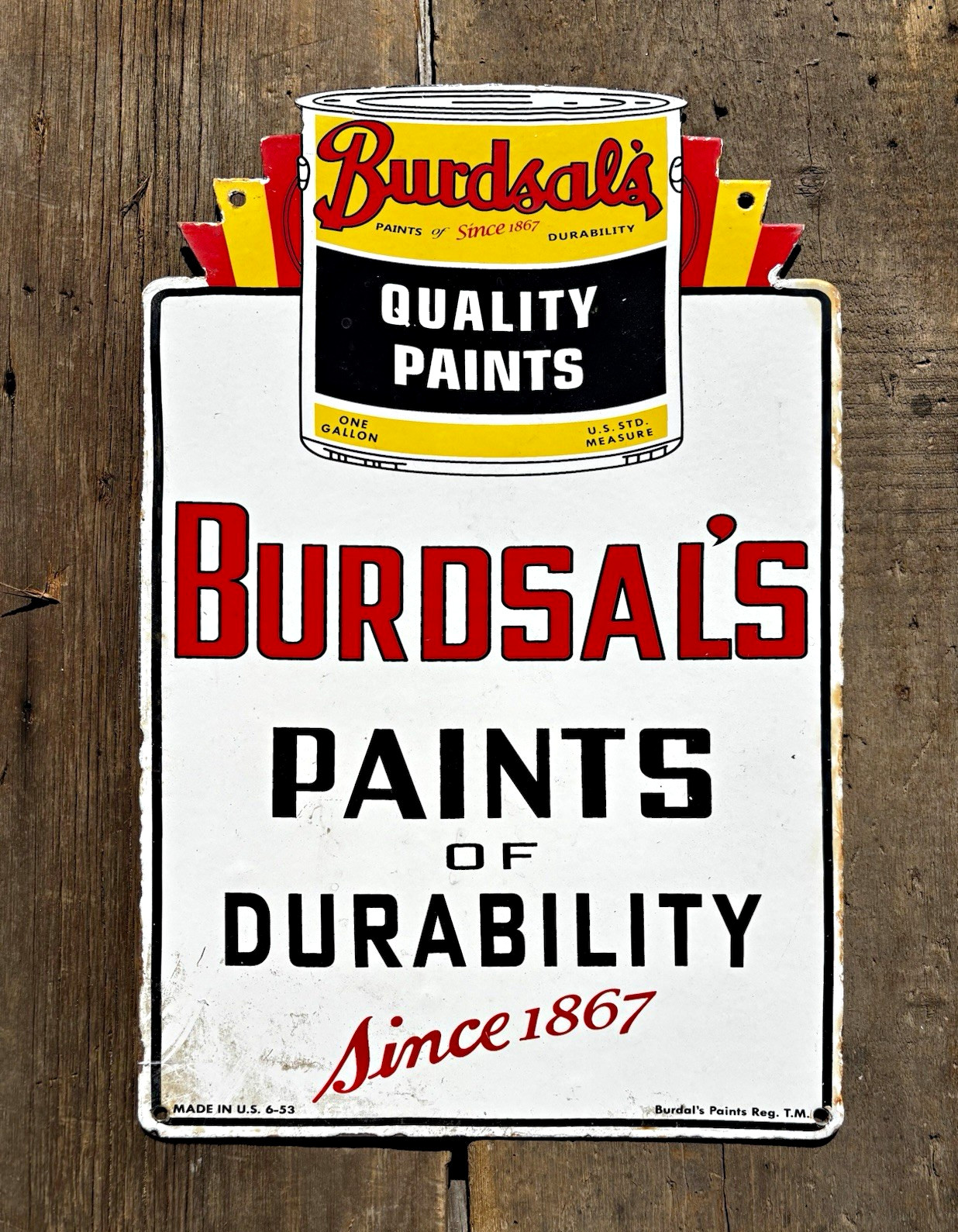 Vintage 1953 Burdsals Paints Porcelain Sign Die Cut Double Sided Gas Oil 18”x12”