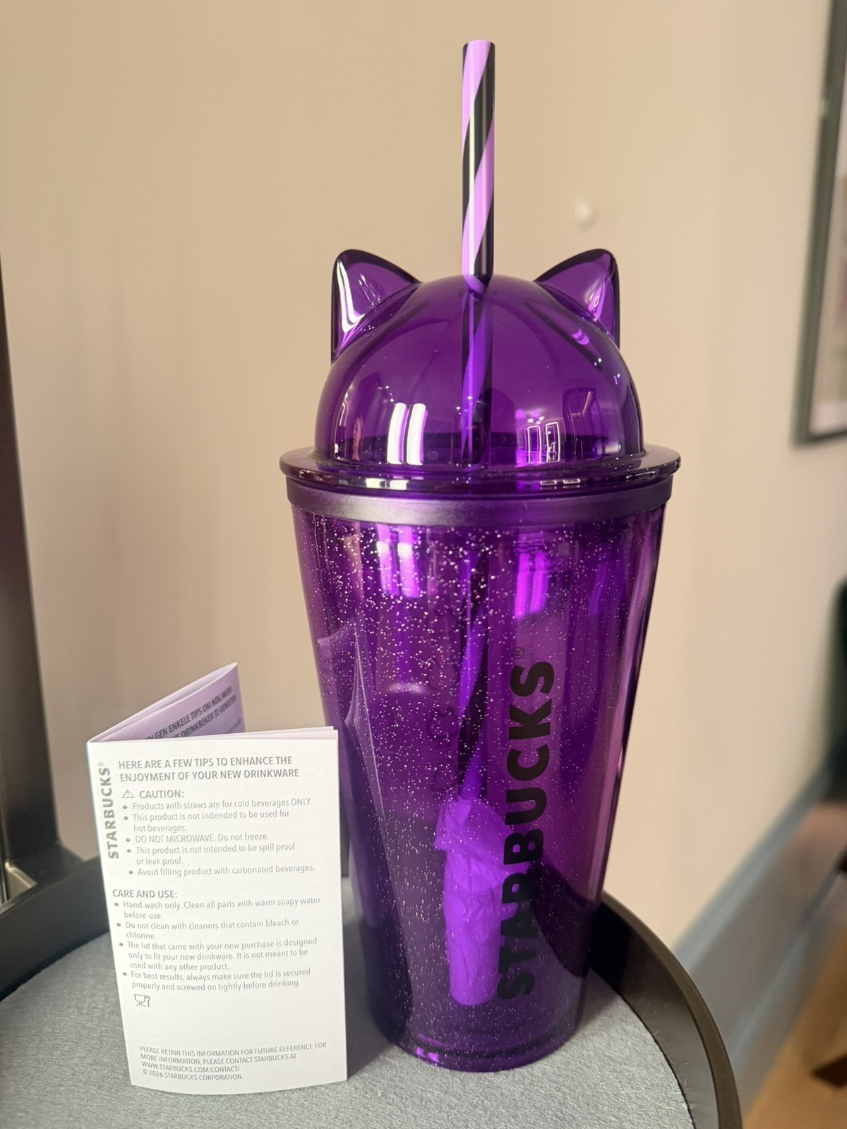 Starbucks UK Cat Ears Tumbler Cold Cup 16 oz  Purple Halloween New