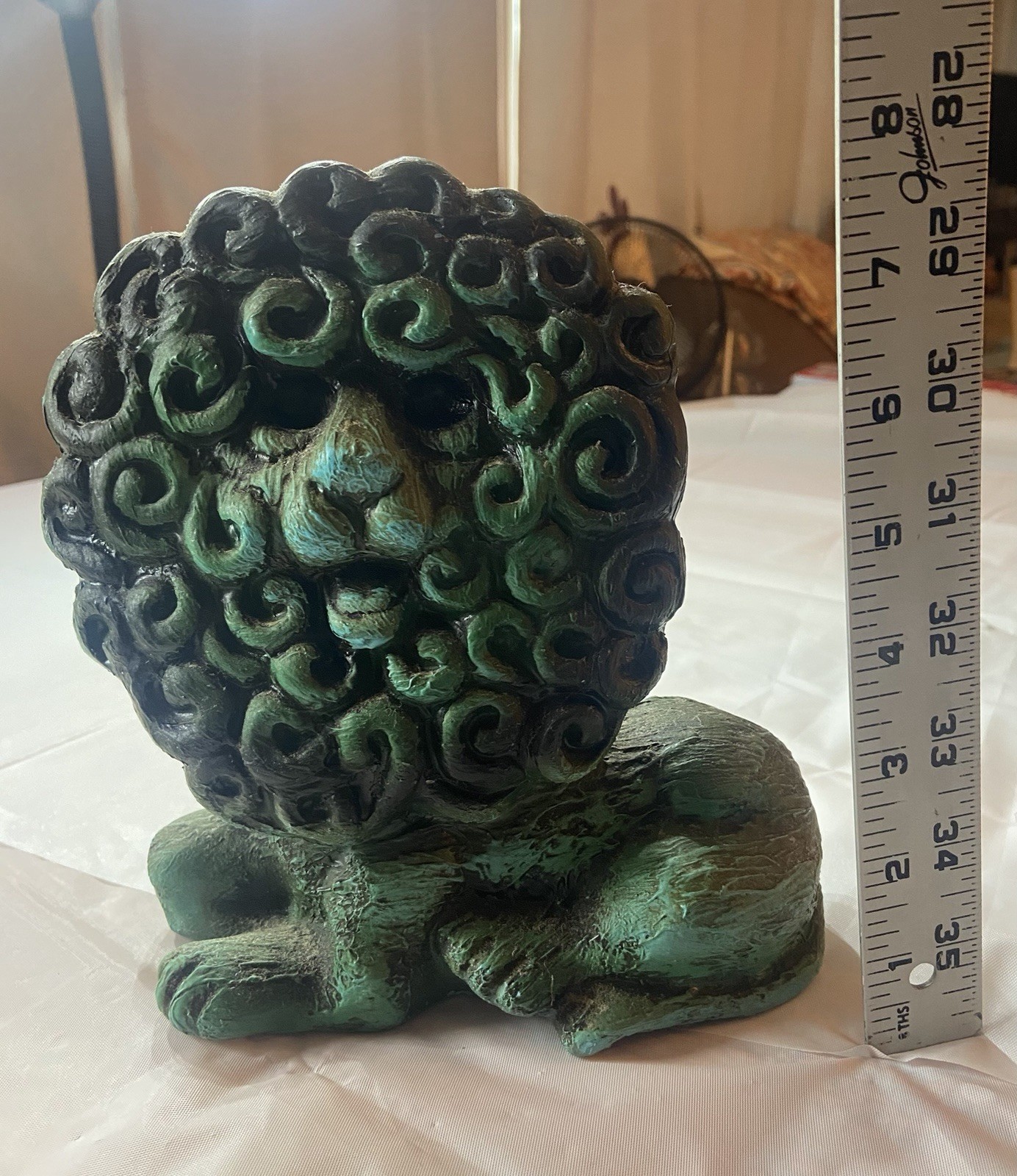 Vintage 1970s Lion Coin Bank Verdigris Green Patina Piggy Bank Figurine 8\
