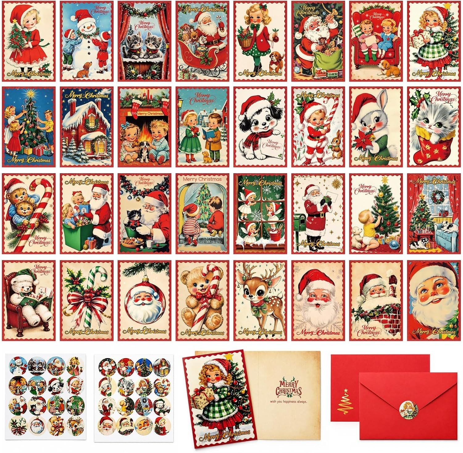Vintage Christmas Cards with Envelopes 32 Pack Retro Holiday Greeting Set