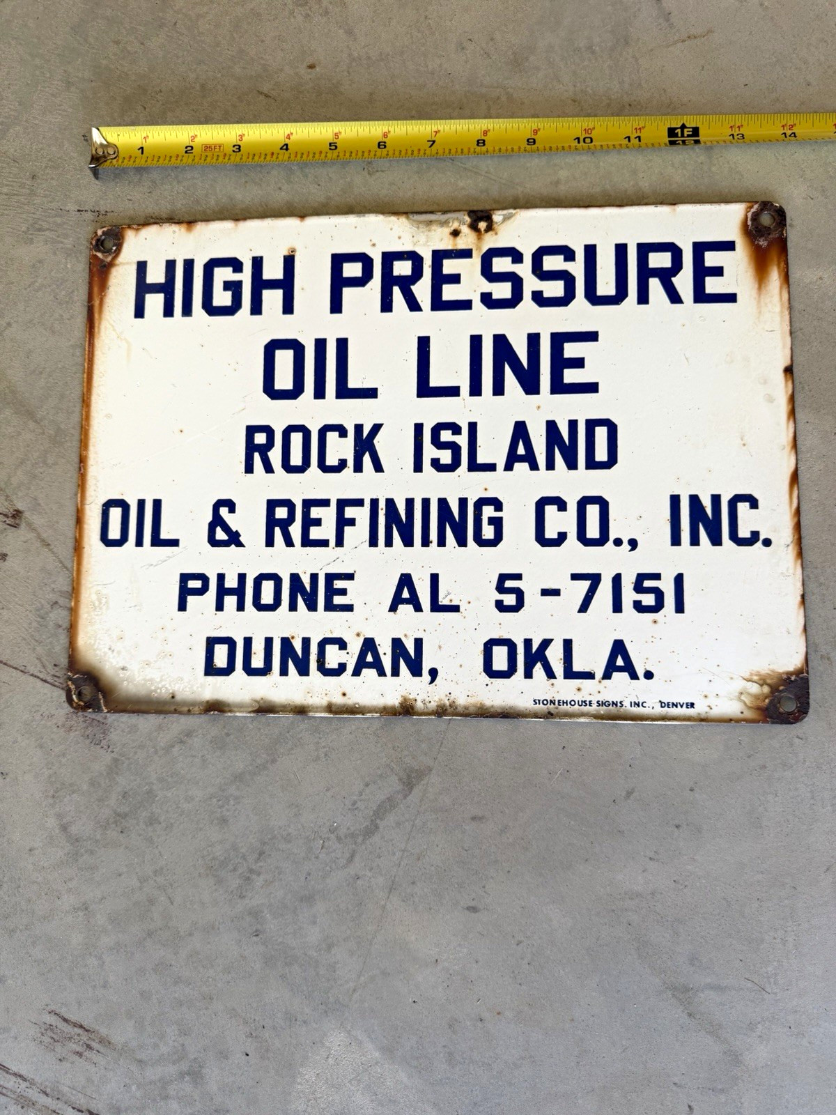 Rare 1950s-60s Rock Island Oil PORCELAIN Sign AL 5-7151 Phone # Duncan OK