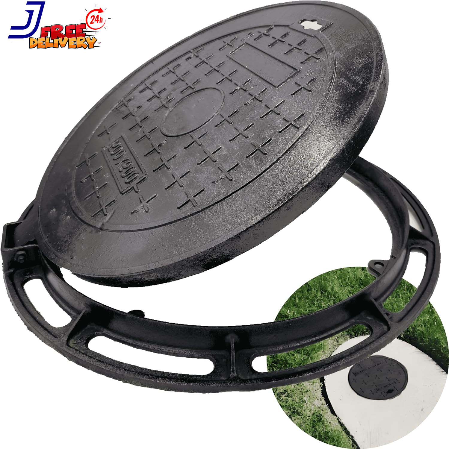 20” Cast Iron Manhole Cover and Frame Black Septic Tank Lid with Base Round Se