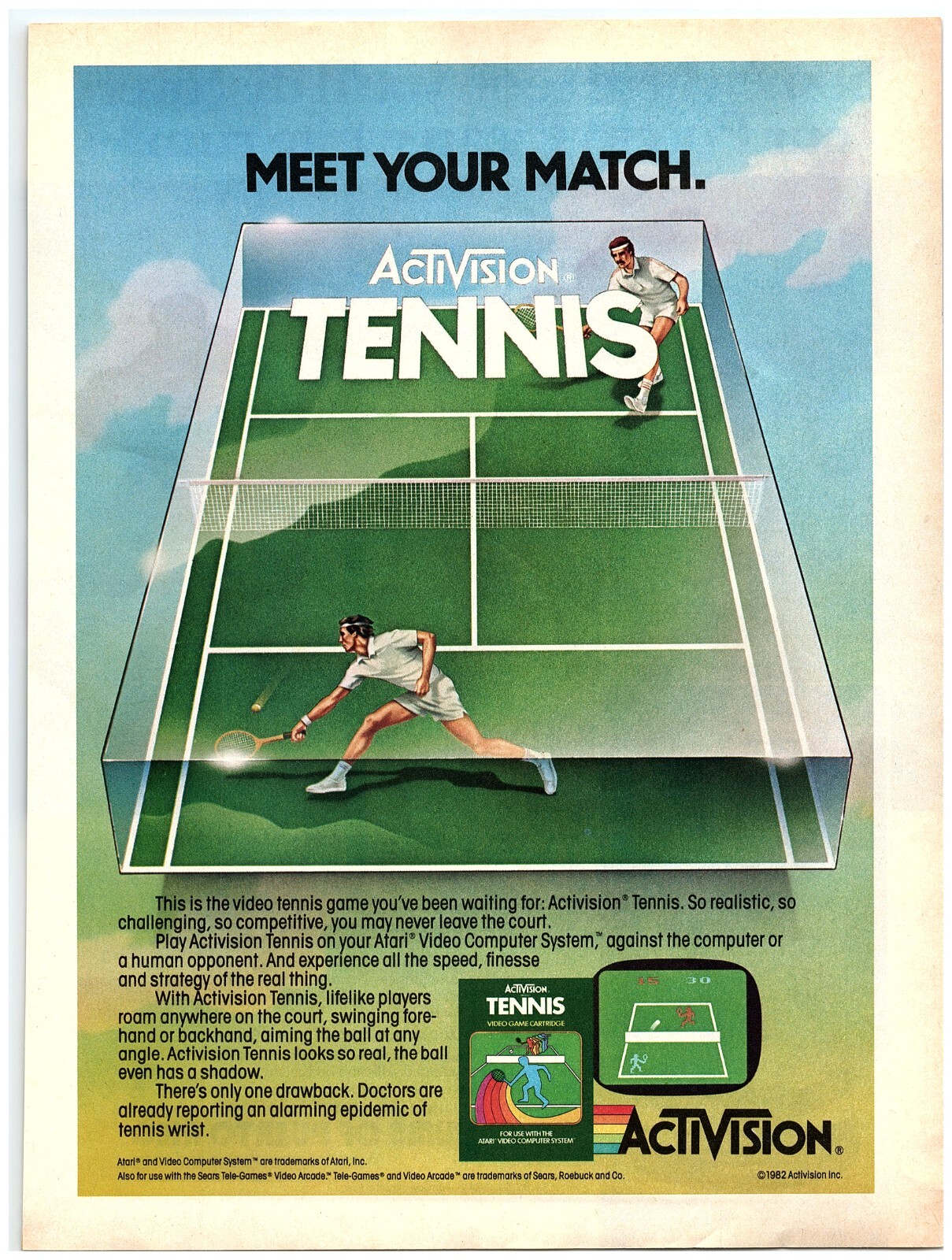 PRINT AD, 1982 Activision Tennis Video Game Meet Your Match Court Players Volley