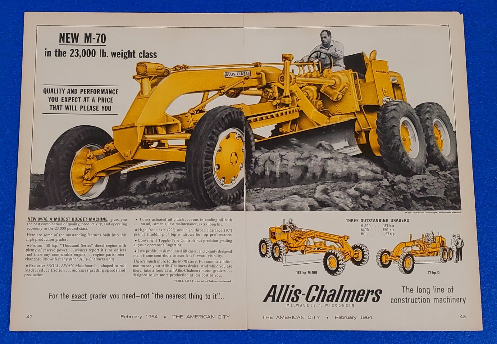 1964 ALLIS-CHALMERS M70 M100 DD GRADERS ORIGINAL 2 PAGE PRINT AD AMERICAN ICON