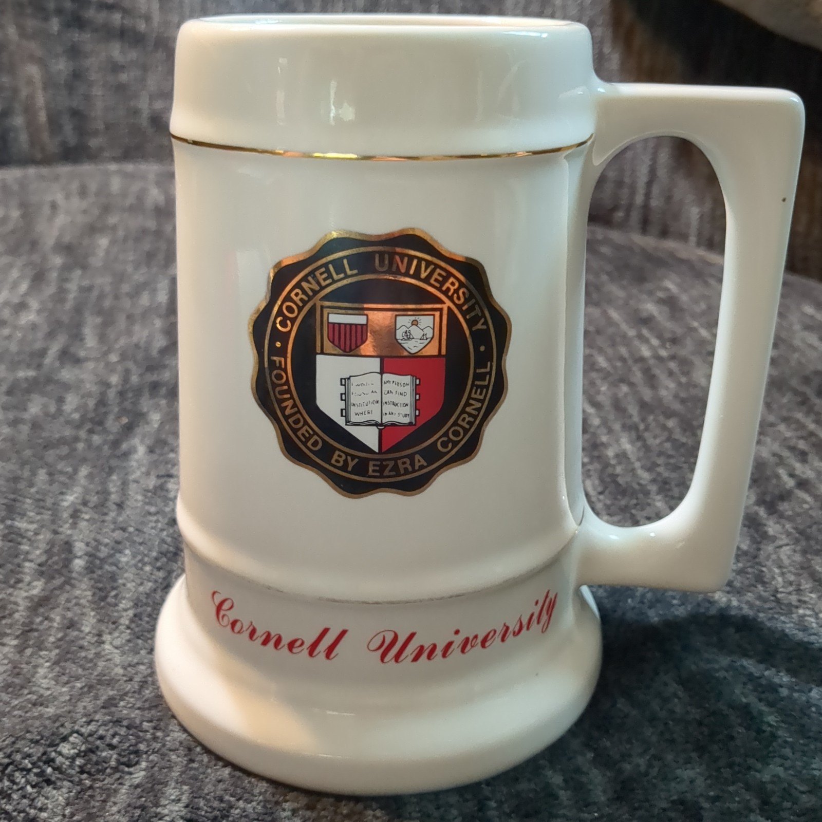 Vtg 6” Cornell University Stein- Creme w/ Black Logo Gold Trimming Ivy League
