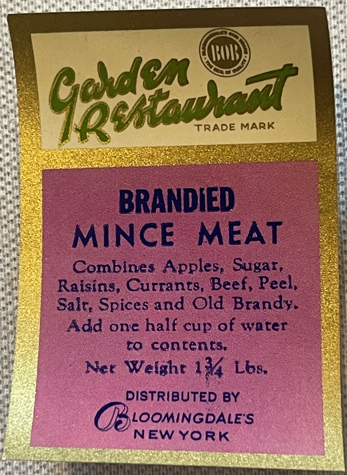 Vintage 1910s-1930s Bloomingdale\'s Garden Restaurant Mince Meat Label 🗽 NY