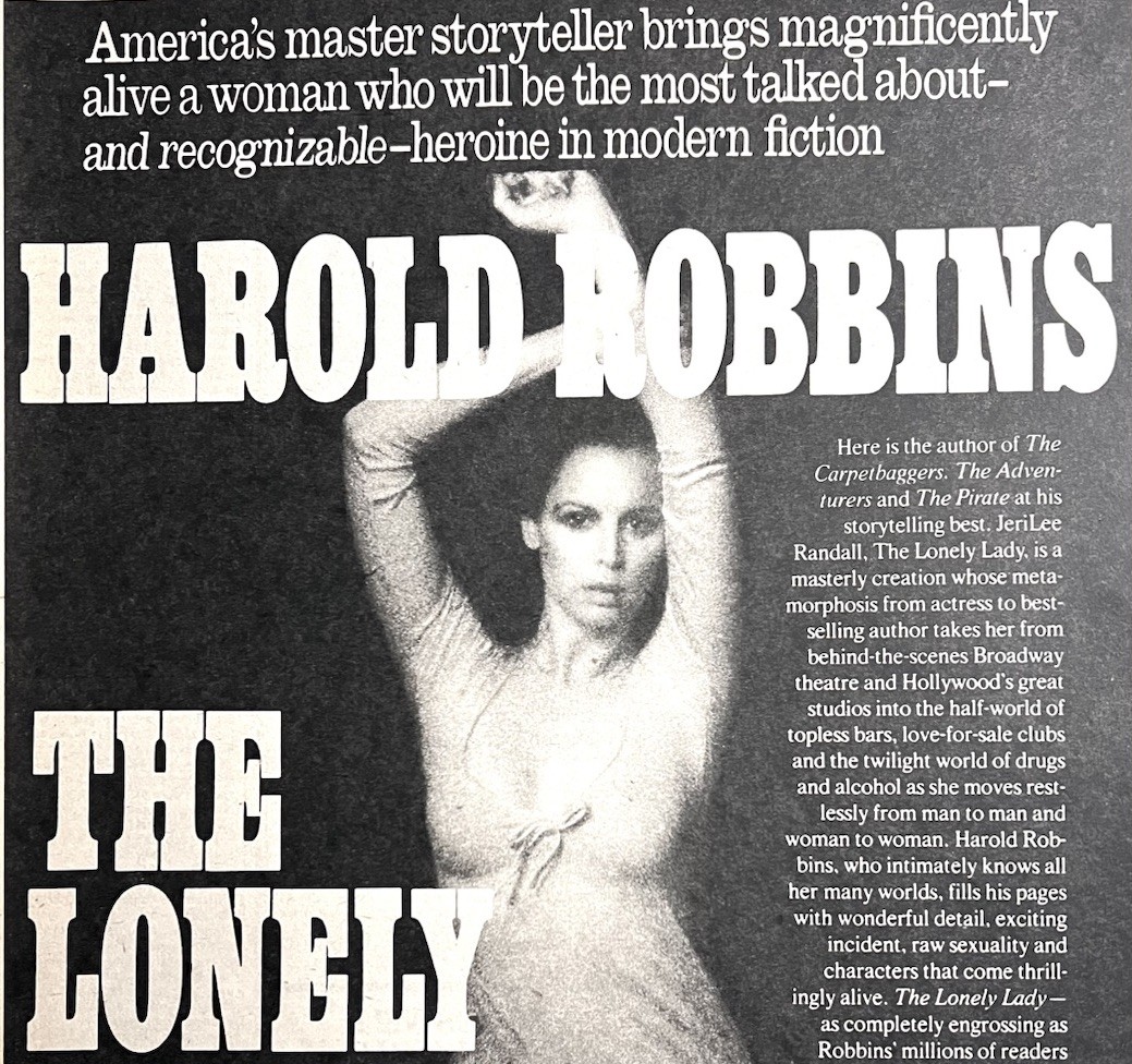 1976 The Lonely Lady by Harold Robbins Original Vintage Print Ad 27x30cm NYT