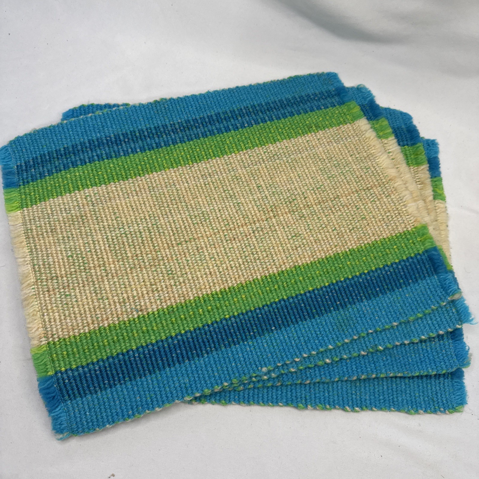 Vtg Lot of 4 Woven Placemats MCM Boho Retro Turquoise Blue Green  17x12 Wooly