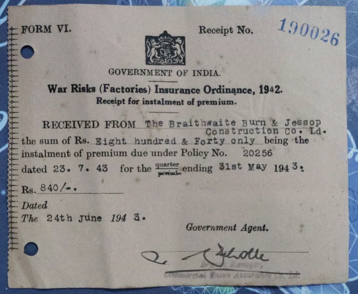 India 1942 WW II  WAR Risks (Factories) Insurance Ordinance Receipt For Premium 