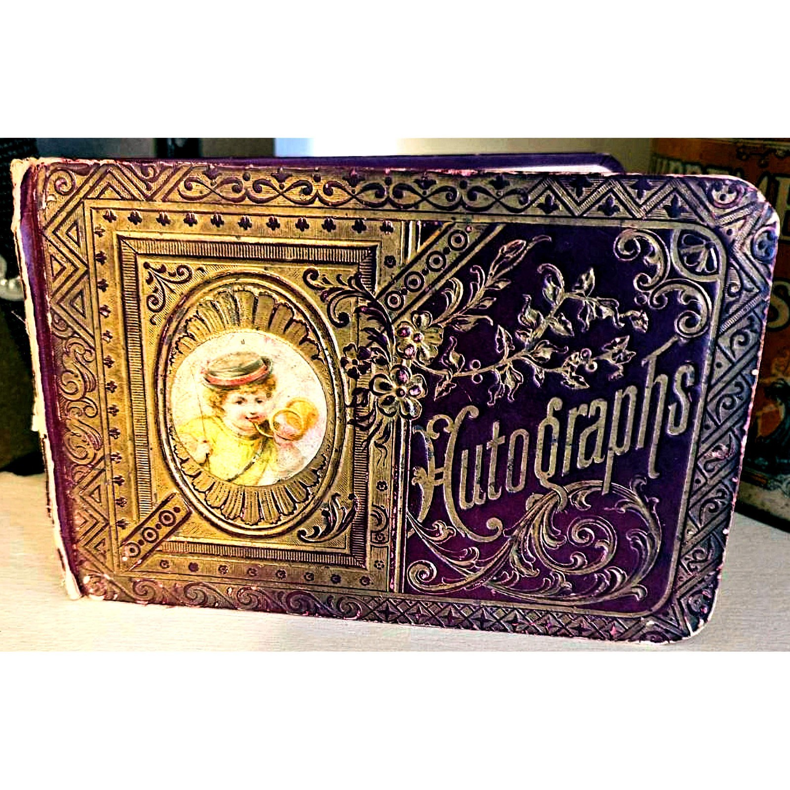 1800\'s Antique Victorian Leather German Autograph Album Die Cuts Friendship Book